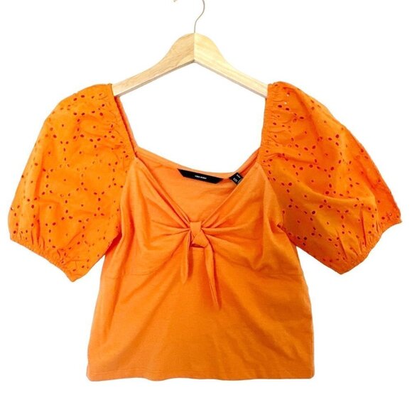 Vero Moda Womens M Crop Top Front Knot Tangerine Orange Eyelet Puff Sleeve - Picture 1 of 9